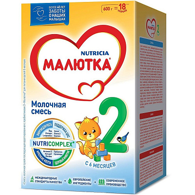 Сухая молочная смесь Малютка 2 последующая адаптированная с пребиотиками, 600 г