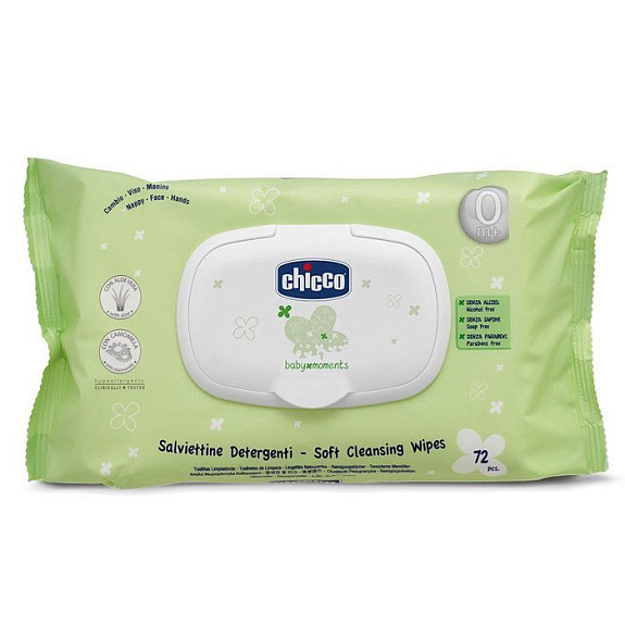 Влажные очищающие салфетки Chicco Baby Moments с алоэ вера и ромашкой, 72 шт