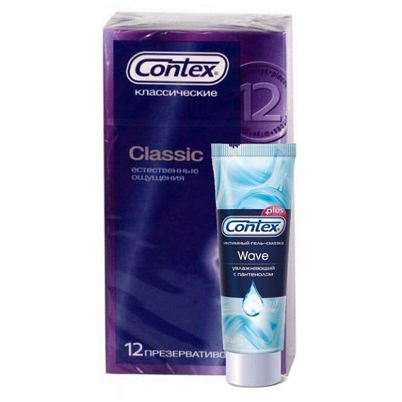 Набор Contex презервативы Classic классические, 12 шт + гель-смазка Wave, 30 мл