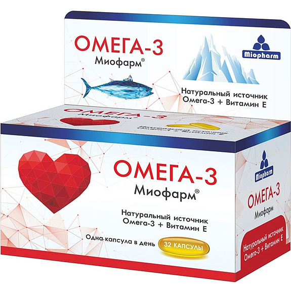 Омега-3 Миофарм натуральный источник Омега-3 + Витамин Е 1000 мг, 32 капсулы