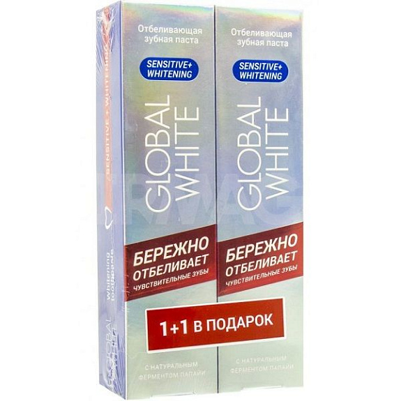 Отбеливающая зубная паста для чувствительных зубов Global White 100 мл, 1+1 в подарок