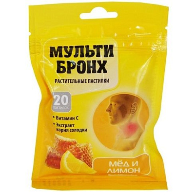 Леденцы при заболевании горла Мульти-бронх мед с лимоном, 20 шт