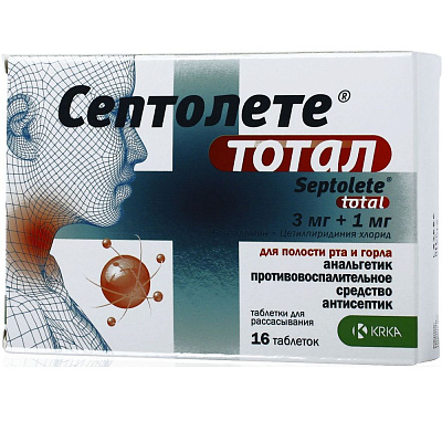 Септолете Тотал противовоспалительное средство для полости рта и глотки 3 мг + 1 мг, 16 таблеток