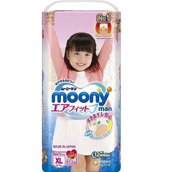 Японские подгузники-трусики для девочек Moony Man размер XL 12-17 кг, 38 шт