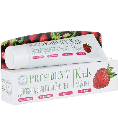 Детская зубная паста President Kids со вкусом клубники от 3 до 6 лет, 50 мл