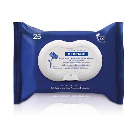 Салфетки для снятия макияжа с экстрактом василька Klorane, 25 шт