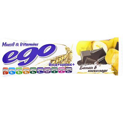 Батончик-мюсли Ego банан с йодом и витаминами в молочном шоколаде, 25 г