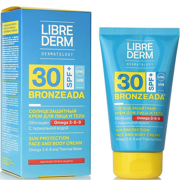 Солнцезащитный крем для лица и тела SPF30 с омега 3-6-9 и термальной водой Librederm Bronzeada, 150 мл