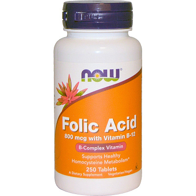 Фолиевая кислота 800 мкг + В12 Folic Acid 800 mcg with Vitamin B-12 Now Foods, 250 шт
