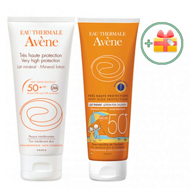 Набор детское солнцезащитное молочко SPF50 + солнцезащитное молочко SPF50 с минеральным экраном + солнечное зарядное устройство для мобильного телефона Avene, 100 мл + 100 мл