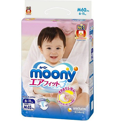 Японские подгузники Moony размер М 6-11 кг, 62 шт