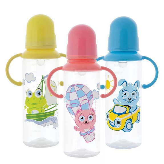 Бутылочка полипропиленовая с ручками и силиконовой соской Курносики, 250 мл