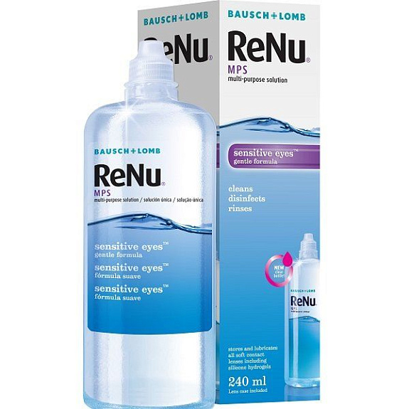 Раствор для ухода за контактными линзами для чувствительных глаз Renu MPS, 240 мл