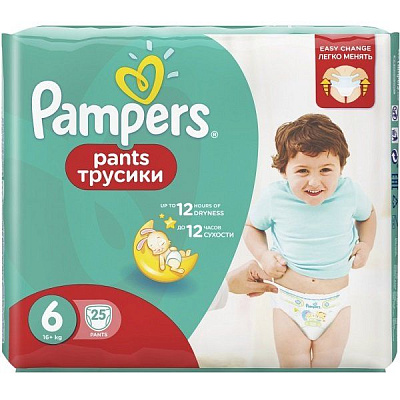 Подгузники-трусики для мальчиков и девочек Pampers Pants 16+ кг размер 6, 25 шт
