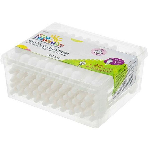 Палочки ватные детские с ограничителем Мир Детства, 60 шт