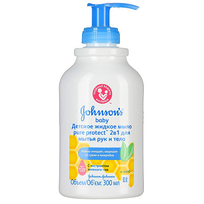 Детское жидкое мыло pure protect  2 в 1 для мытья рук тела Johnson's Baby, 300 мл