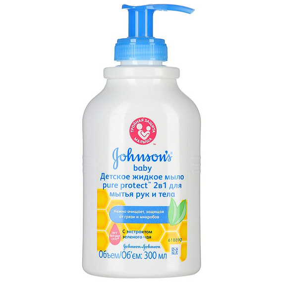 Детское жидкое мыло pure protect  2 в 1 для мытья рук тела Johnson's Baby, 300 мл