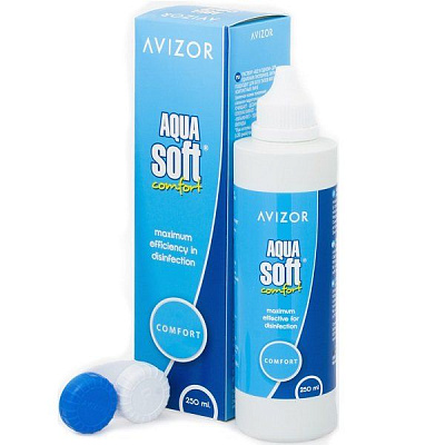 Раствор для ухода за контактными линзами Avizor Aquasoft с протеиновым очистителем, 250 мл + контейнер