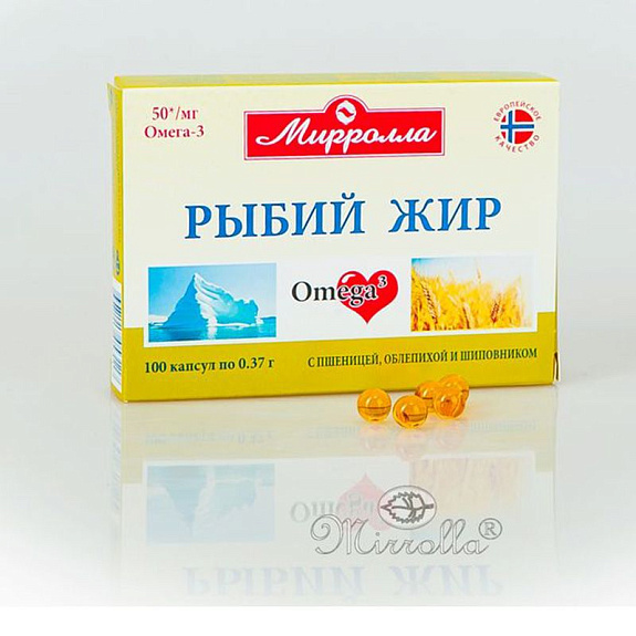 Рыбий жир с маслом пшеницы, облепихи и шиповника Активизация половых гормонов Мирролла, 370 мг, 100 капсул