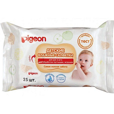 Детские влажные салфетки для рук, рта и обработки пустышек и игрушек Pigeon, 25 шт
