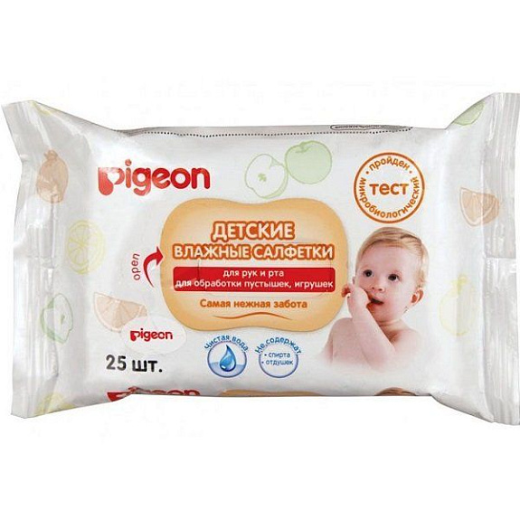 Детские влажные салфетки для рук, рта и обработки пустышек и игрушек Pigeon, 25 шт