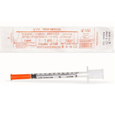 Шприц инсулиновый одноразовый Vogt Medical 1 мл U-100 с иглой 29G 0,33 х 13 мм, 10 шт