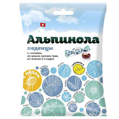 Леденцы с ментолом эфирными маслами трав витамином с и медом Альпинола, 75 г