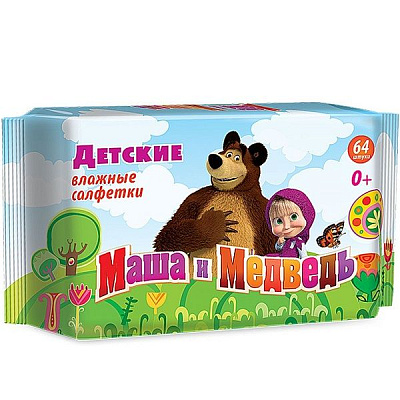 Детские влажные салфетки Маша и Медведь 0+, 64 шт