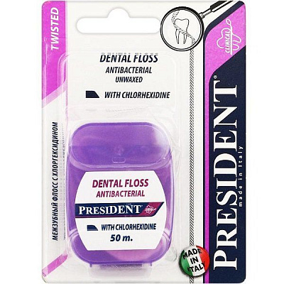 Зубная нить President с хлоргексидином, 50 м