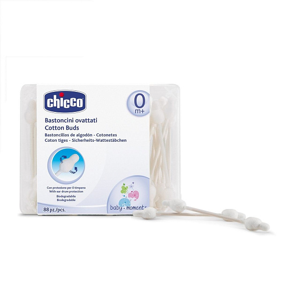 Ватные палочки детские с ограничителем Chicco Baby Moments от 0 мес, 88 шт