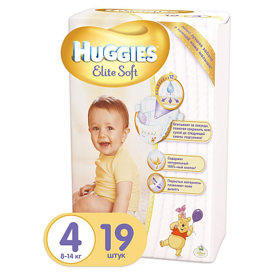 Подгузники Elite Soft 8-14 кг (размер 4) Huggies, 19 шт