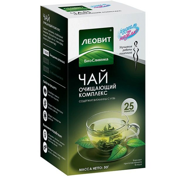 Зеленый чай для похудения Леовит Очищающий комплекс Худеем за неделю, 25 пакетов х 2 г