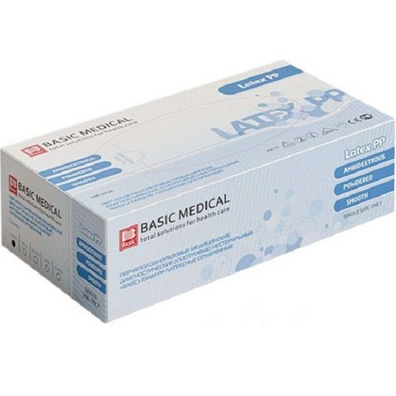 Смотровые нестерильные латексные перчатки Basic Medical Exam PP опудренные размер S, 100 шт