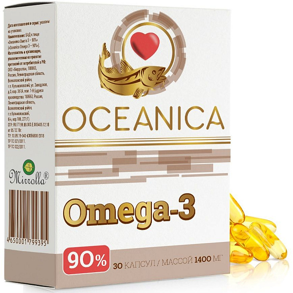 Oceanica Omega-3 90% Мирролла 1400 мг, 30 капсул