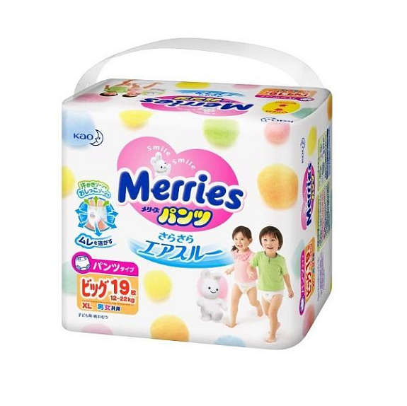 Подгузники-трусики для детей XL 12-22 кг Merries, 19 шт