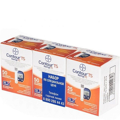 Тест-полоски к глюкометру Contour TS для измерения уровня сахара в крови, 50 шт х 2 + 25 шт