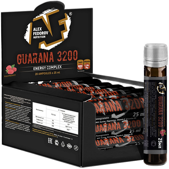 Энергетик растительного происхождения Guarana 3200 малина Alex Fedorov Nutrition 25 мл, 20 ампул