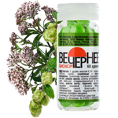 Мягкое успокаивающее средство Вечернее Биокор при стрессе, нарушениях сна и состоянии тревоги, 60 шт