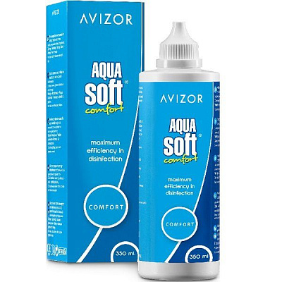 Раствор для ухода за контактными линзами Avizor Aquasoft с протеиновым очистителем, 350 мл + контейнер
