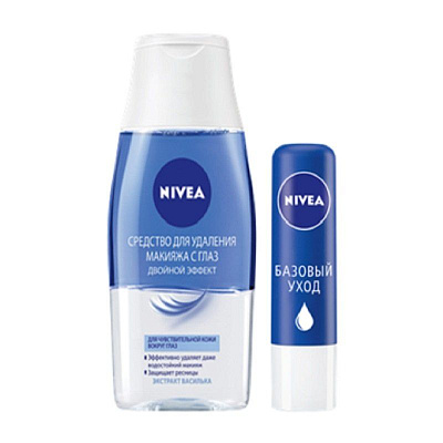 Набор средство для снятия макияжа с глаз двойной эффект 125 мл + бальзам для губ базовый уход 4.8 г Nivea