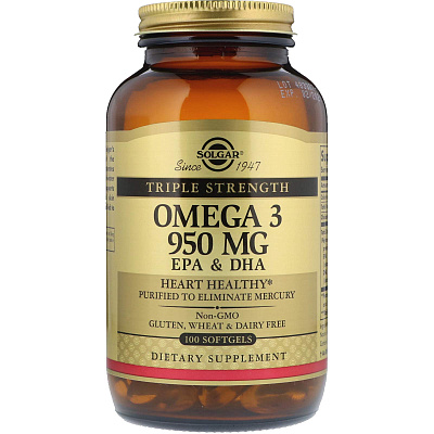 Тройная Омега-3 950 мг ЭПК и ДГК Omega-3 950 mg EPA & DHA Solgar 1950 мг, 100 капсул