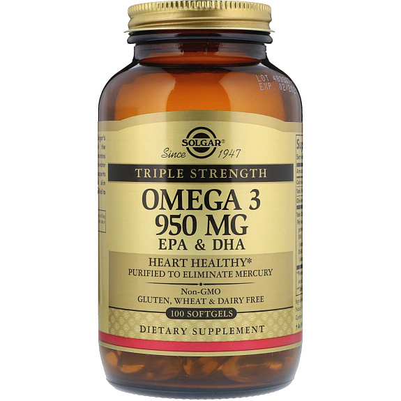 Тройная Омега-3 950 мг ЭПК и ДГК Omega-3 950 mg EPA & DHA Solgar 1950 мг, 100 капсул