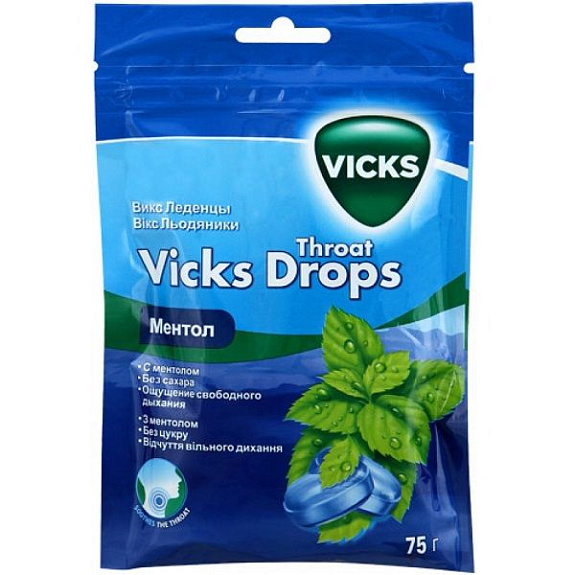 Леденцы для смягчения горла Vicks Throat Drops со вкусом ментола, 75 г