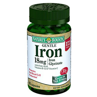 Легкодоступное железо, Поддержание нормального уровня гемоглобина, Nature's Bounty, 18 мг, 60 капсул