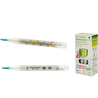 Ртутный ударопрочный термометр максимальный стеклянный с защитным полимерным покрытием
