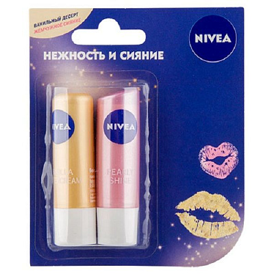 Набор Nivea "Нежность и сияние" бальзам для губ Ванильный десерт 4,8 г + бальзам для губ Жемчужное сияние 4,8 г