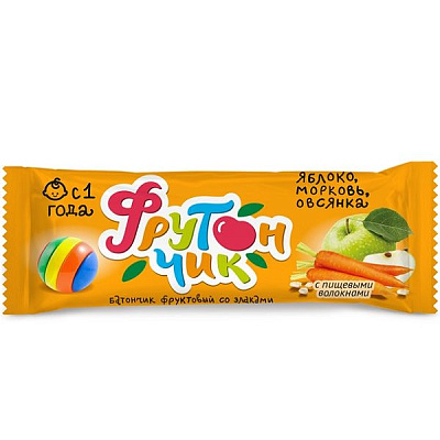 Детский фруктовый батончик Фрутончик со злаками Яблоко, морковь, овсянка с пищевыми волокнами, 20 г