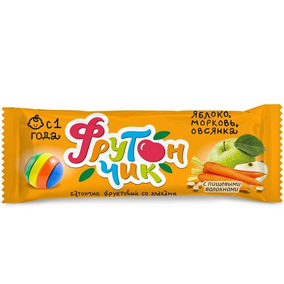 Детский фруктовый батончик Фрутончик со злаками Яблоко, морковь, овсянка с пищевыми волокнами, 20 г