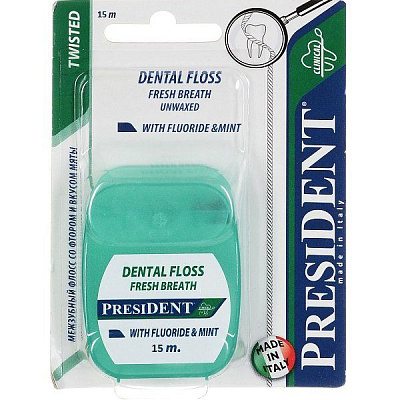 Вощеная нить для зубов President со фтором и мятой, 15 м