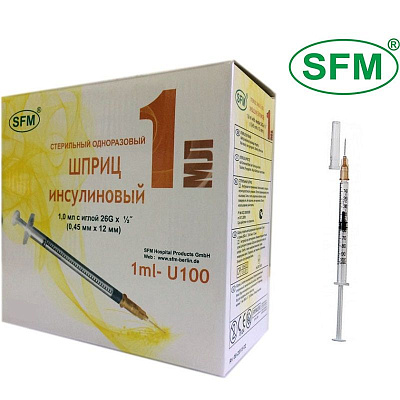 Шприц инсулиновый SFM 1 мл U-100 с иглой 26G 0,45х12 мм, 20 шт